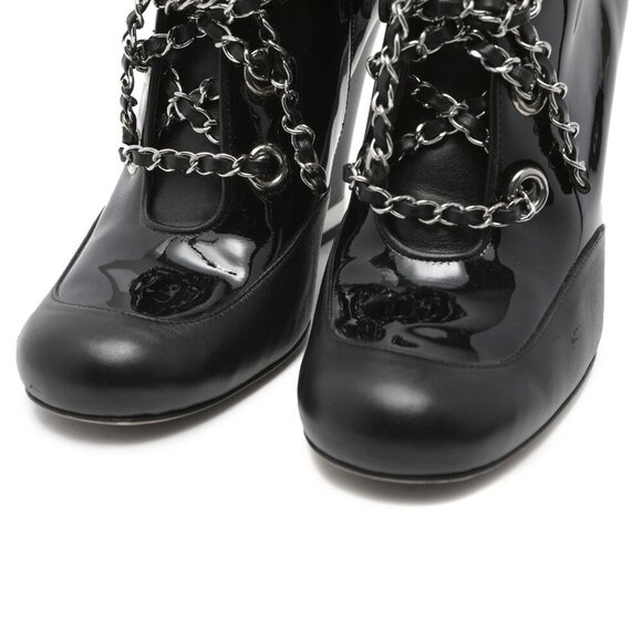 Chanel Patent Calfskin Leather Lambskin Lace Up Wedge Short Boots Black Silver - Picture 15 of 16